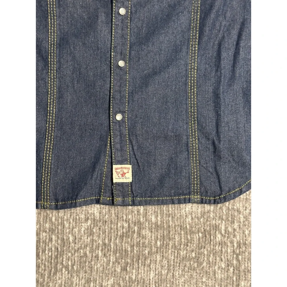 True Religion Shirt Mens M Blue Western Denim Pearl Snap 3 Needle .Made in USA
